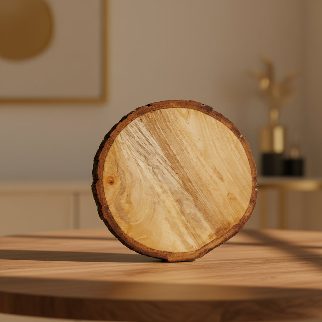 Wooden circular object on a stand with a textured background