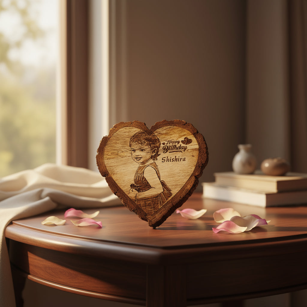 Heart-shaped wooden plaque with engraved image and 'Happy Birthday Shishira' text on a white background