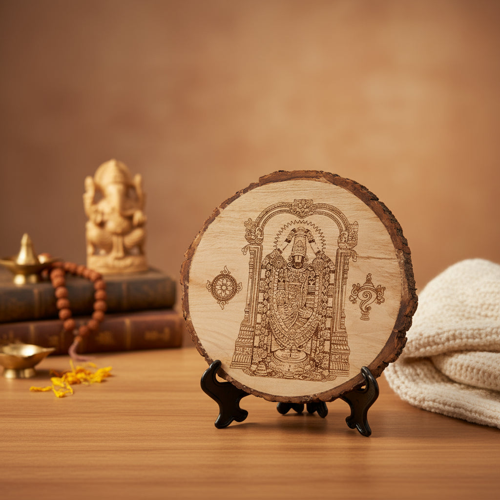 Wooden plaque with engraved design on a stand against a light background