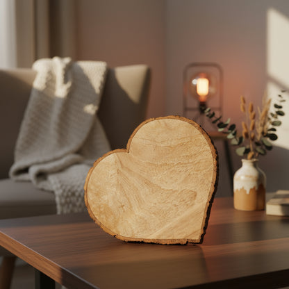 Heart-shaped wooden slice on a stand against a neutral background