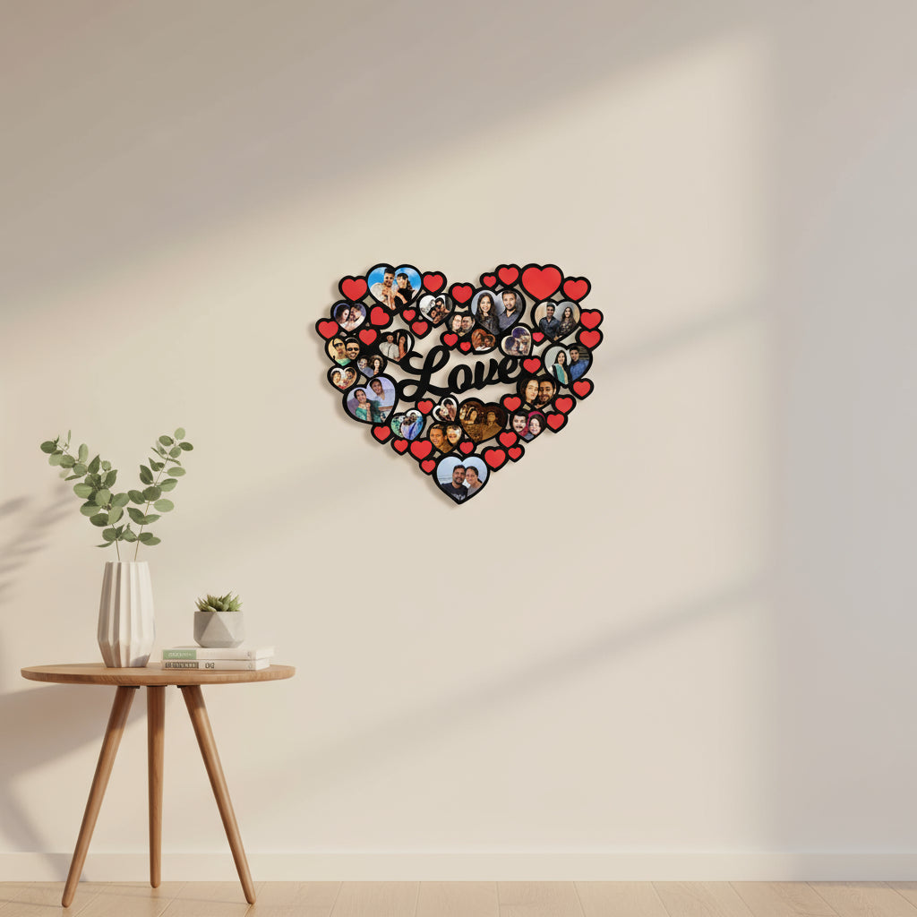 Heart-shaped collage with various small heart-shaped frames containing people, surrounded by red hearts and the word 'Love'.