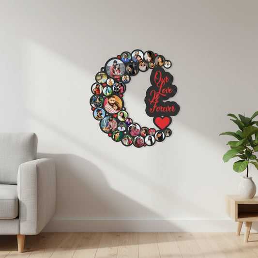 Decorative wall art with circular cutouts and 'Our Love is Forever' text
