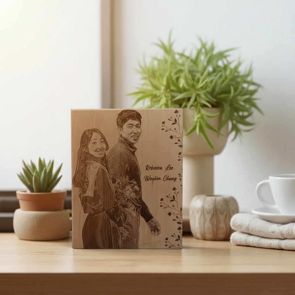 Wooden plaque with laser-engraved portrait of a couple on a table with plants in the background