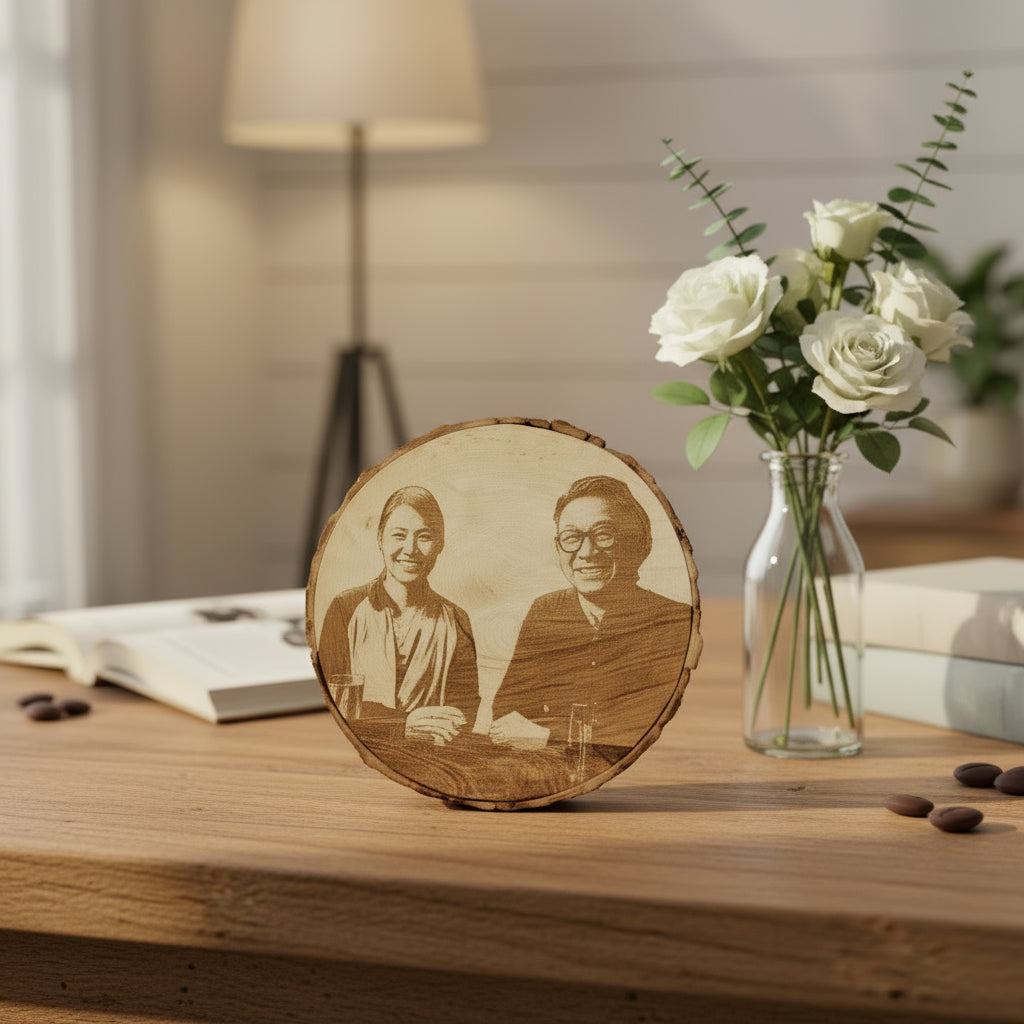 Wooden plaque with laser-engraved portraits of two people, surrounded by succulents.