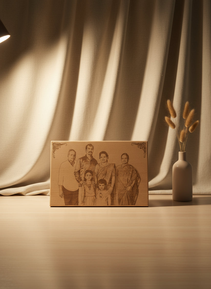 Wooden plaque with engraved family portrait in a store setting with colorful items.