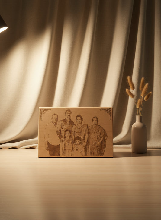 Wooden plaque with engraved family portrait in a store setting with colorful items.