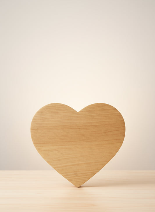 Heart-shaped wooden stand on a glass surface with a colorful background