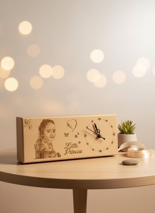 Wooden clock with engraved design and 'Little Princess' text, surrounded by colorful plush toys.