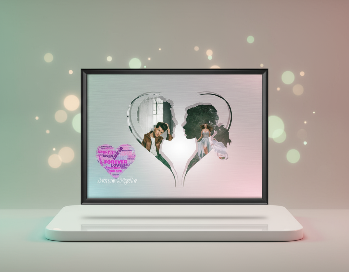 Framed artwork of two silhouettes with a heart design and text on a white background.