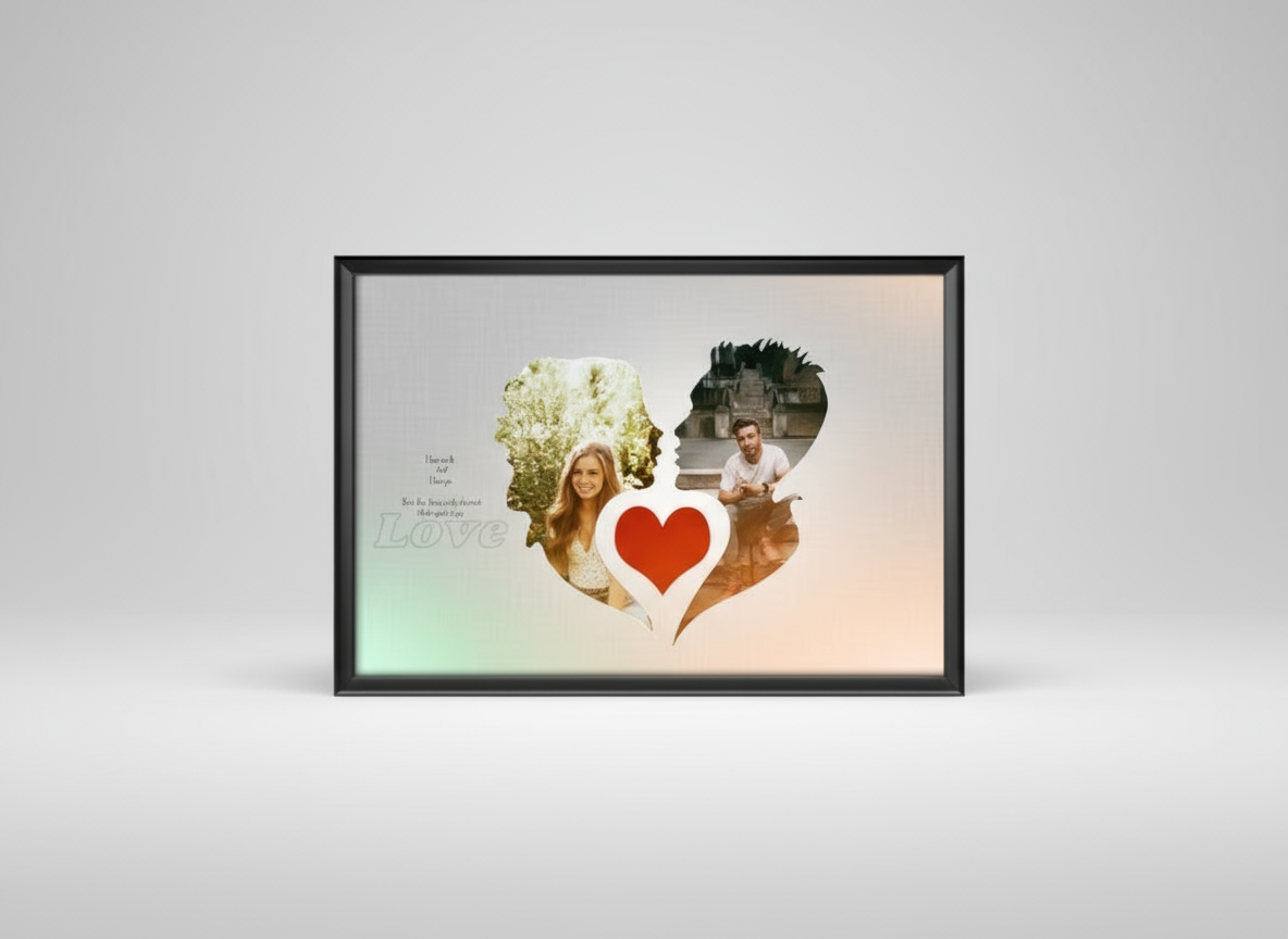 Heart-shaped collage with two people and a heart symbol, framed with text.