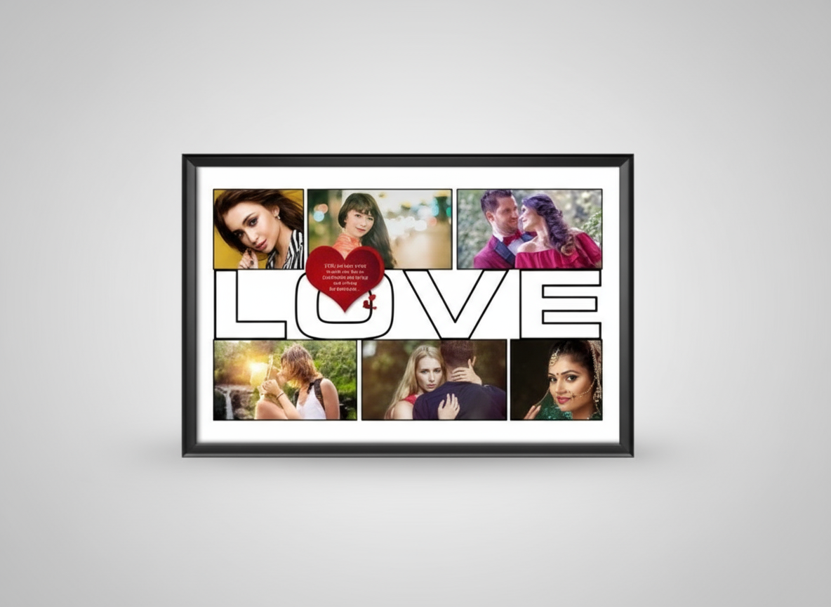Collage of people with a heart and 'LOVE' text in a decorative frame.