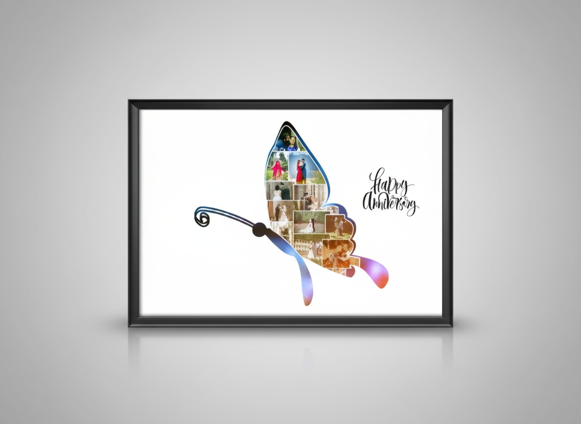 Butterfly-shaped collage with 'Happy Anniversary' text, framed.