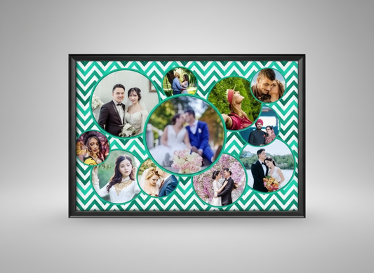 Collage of people in formal attire with a green and white chevron pattern border