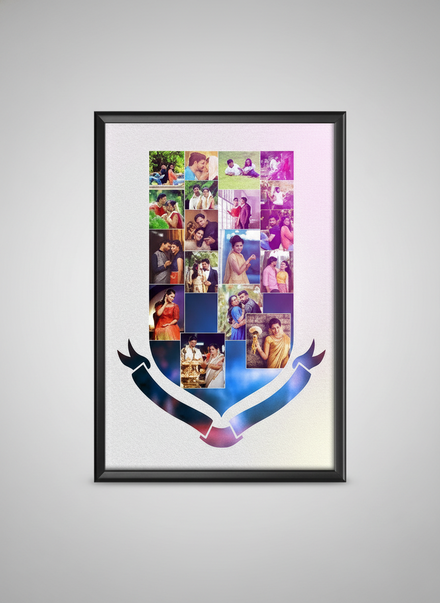 Framed collage of multiple photos arranged in a decorative pattern