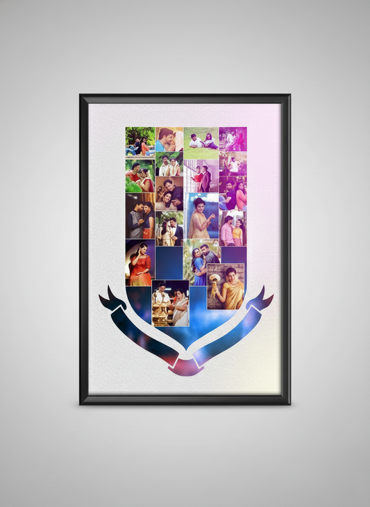 Framed collage of multiple photos arranged in a decorative pattern