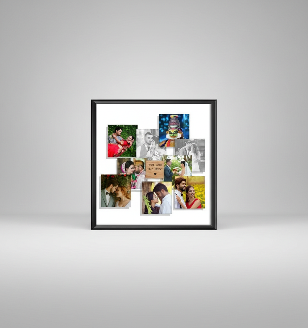 Collage of various photos in a black frame with a central wooden plaque.