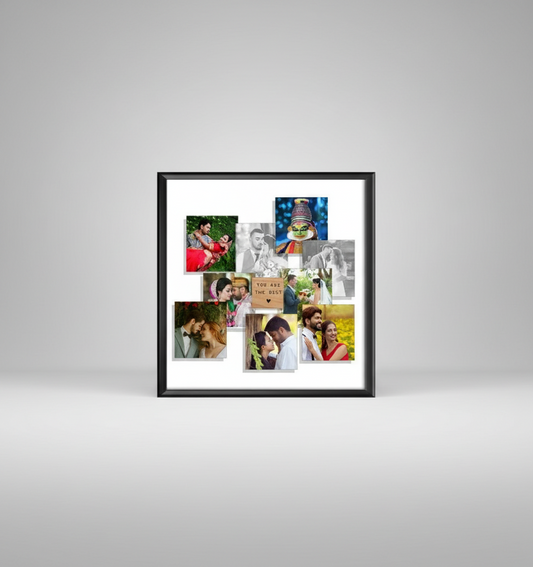 Collage of various photos in a black frame with a central wooden plaque.