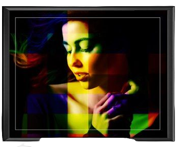 Framed artwork of a woman with colorful abstract elements