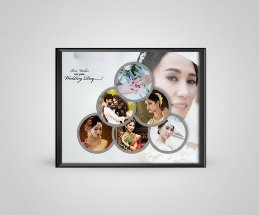 Framed collage of a woman on her wedding day with close-up shots of jewelry and moments.