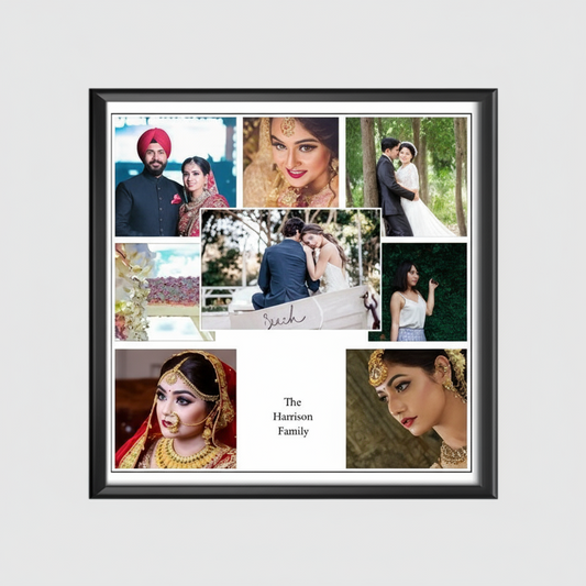 Collage of family photos with a personalized nameplate in a black frame.