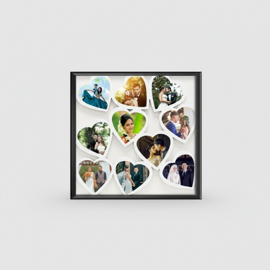 Heart-shaped photo collage in a black frame