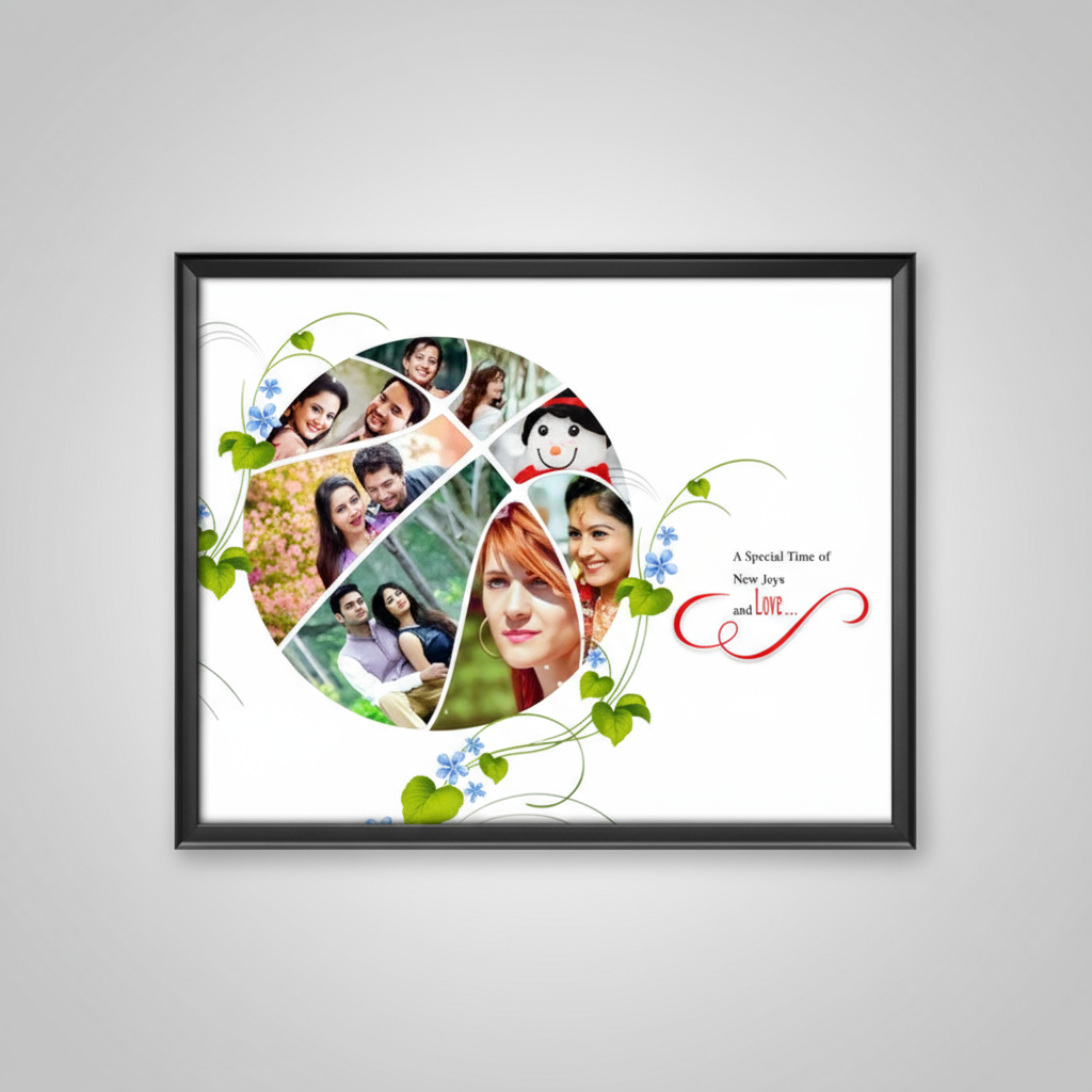 Framed photo collage with multiple portraits and decorative elements.