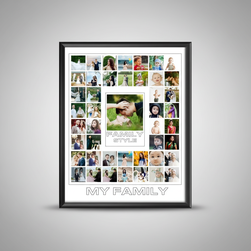 Collage of family photos in a framed arrangement with 'My Family' text.