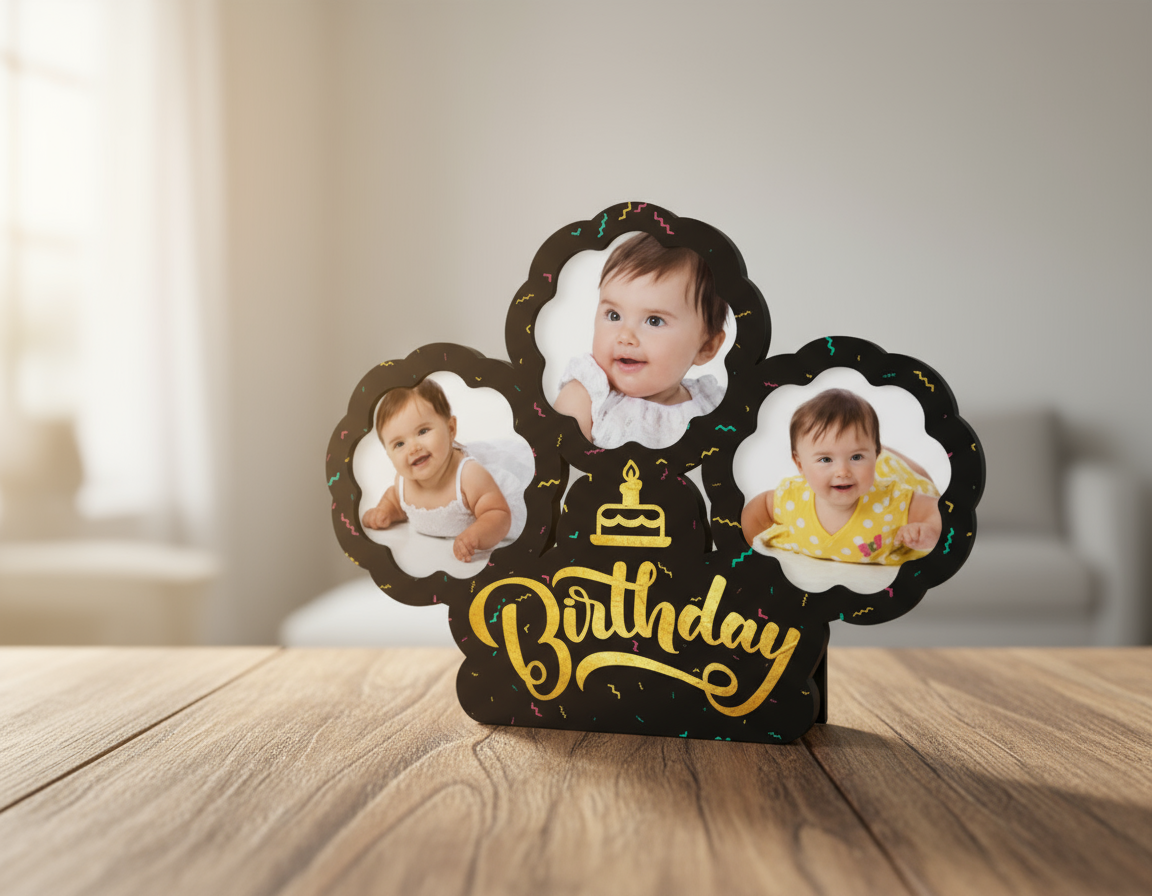 Decorative birthday sign with three baby photos and a cake illustration.