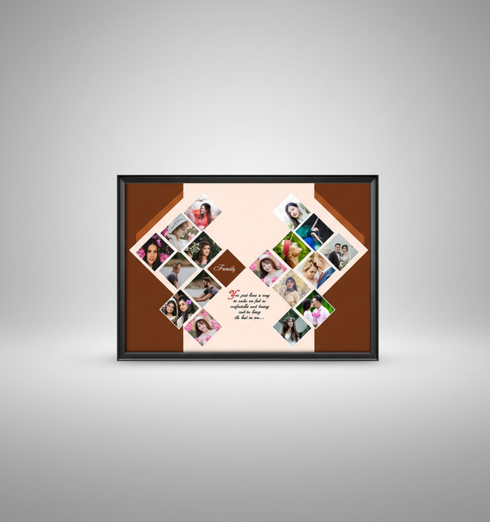 Collage photo frame with multiple small photos arranged in a diamond pattern on a brown background.