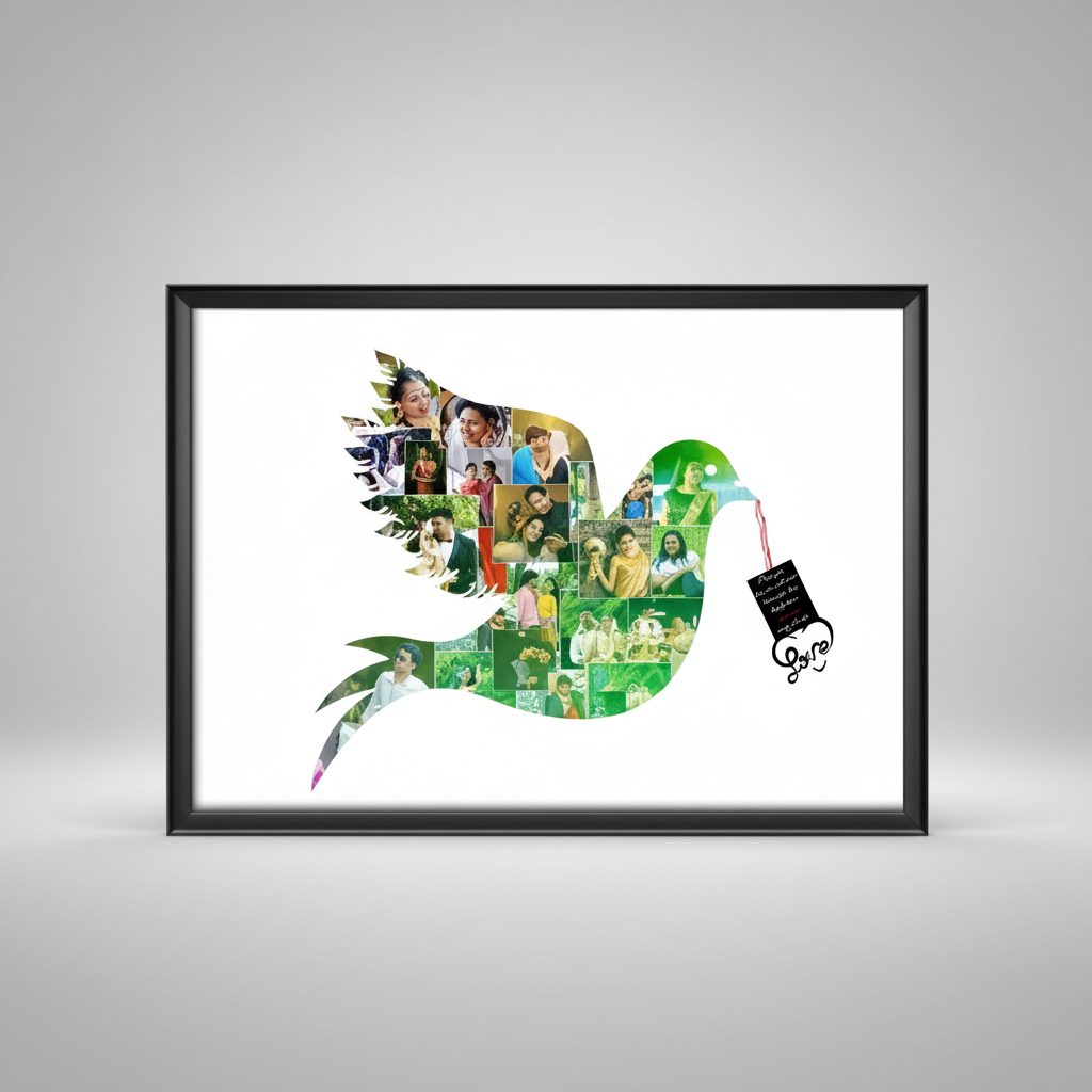 Framed artwork of a green dove with people's faces inside, holding a bell.