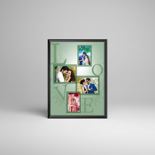 Collage photo frame with 'LOVE' letters on a white background