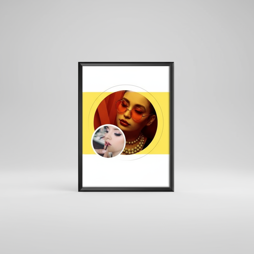 Framed artwork with a stylized portrait of a person wearing sunglasses on a yellow background.