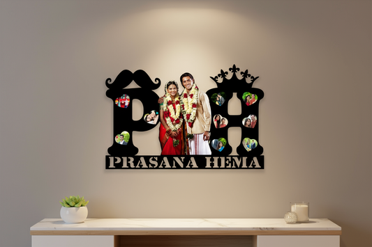 Wedding couple with decorative letters 'P' and 'H' and family photos融入