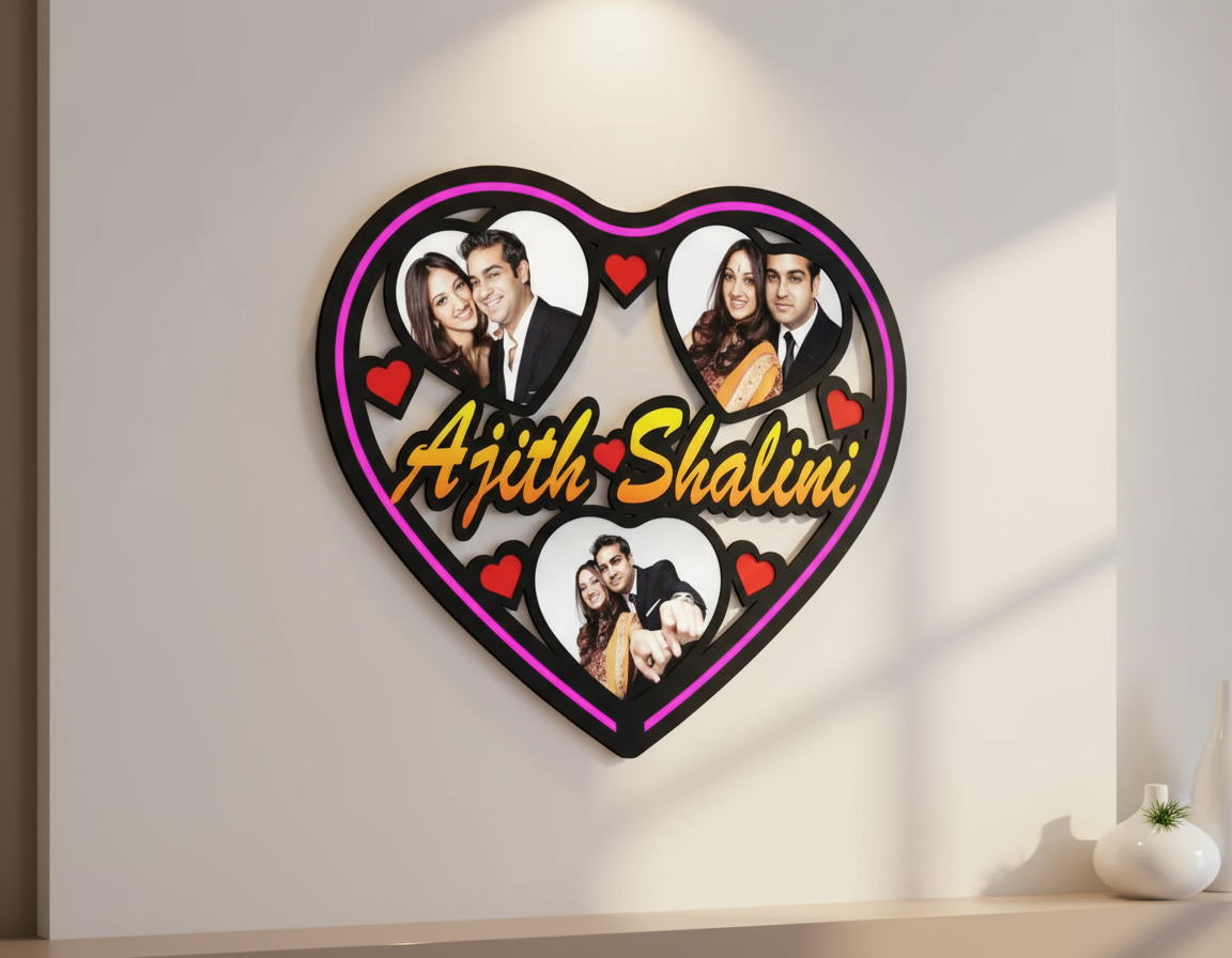 Heart-shaped design with images of a couple and text 'Ajith Shalini' on a white background.