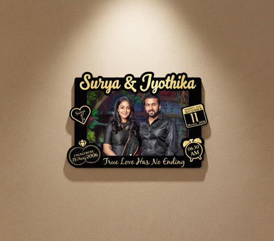 Promotional poster for 'Surya & Jyothika' with a couple and event details.