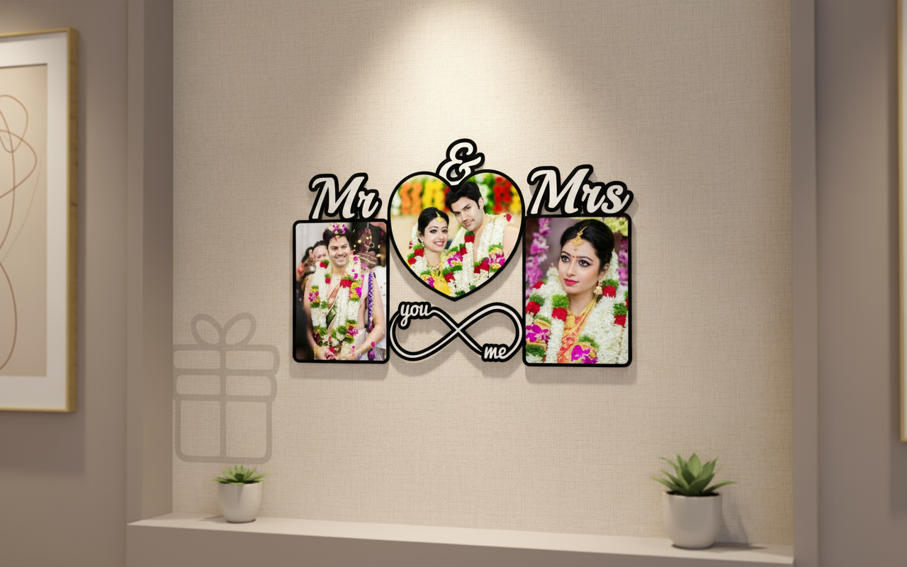 Wedding-themed collage with 'Mr & Mrs' text and couple images.