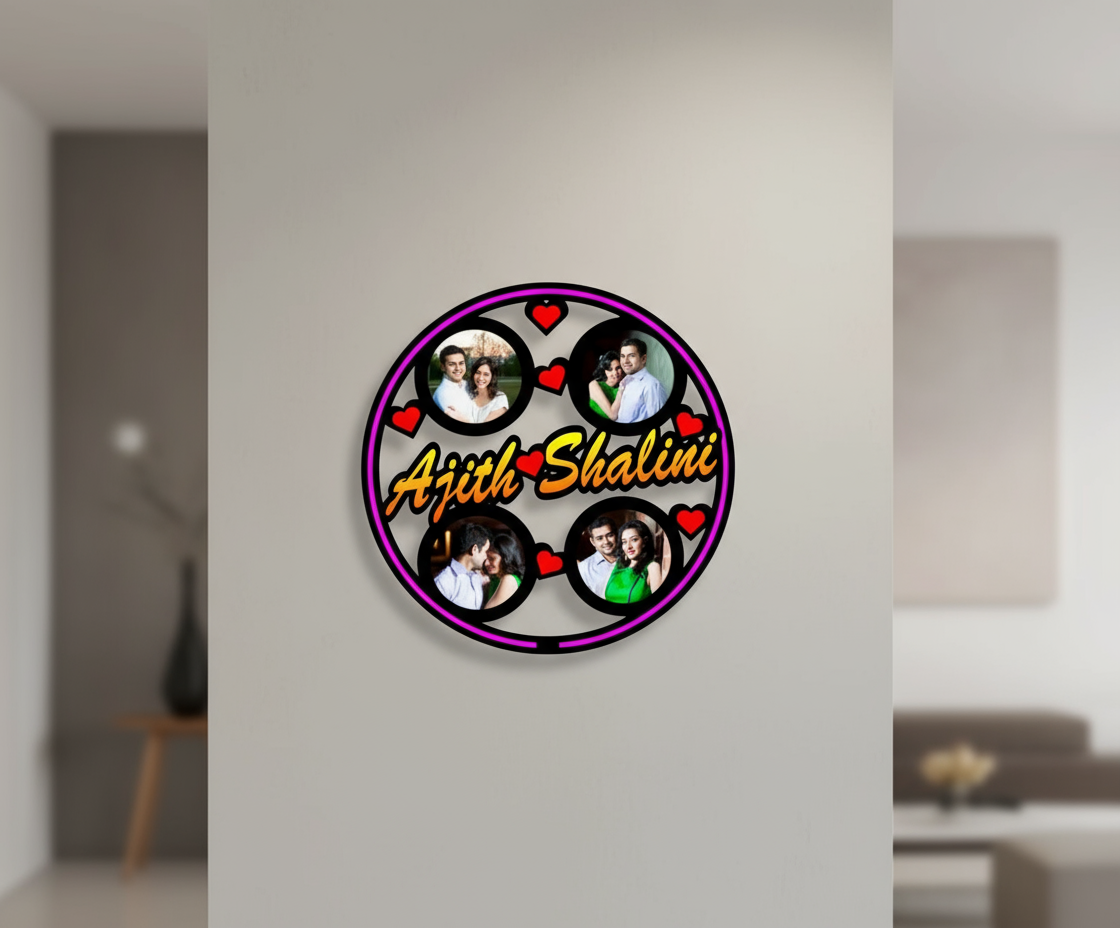 Circular design with images of a couple and text 'Ajith Shalini' surrounded by hearts on a white background.