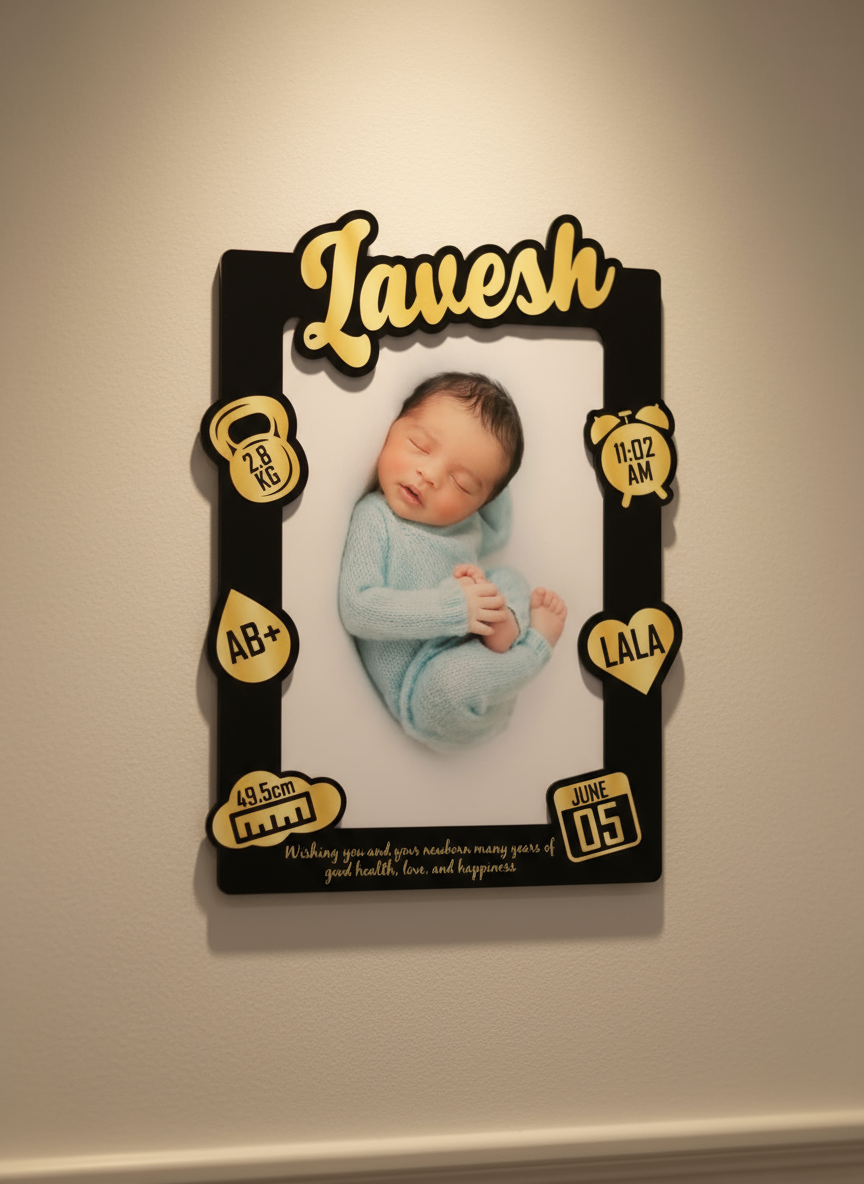 Newborn baby in a blue outfit with birth details on a white background