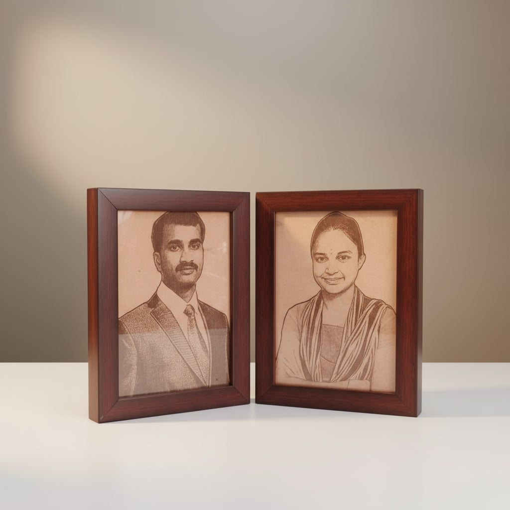 Two framed portraits of a man and a woman on a wooden surface with a green leafy background.