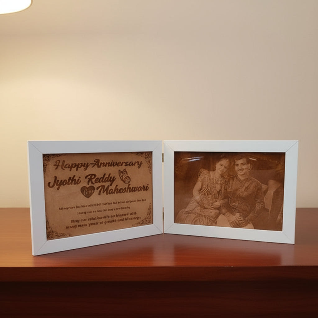 Personalized anniversary card with a photo of two people on a textured surface