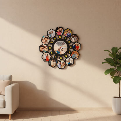 13 Pics Hexa Design With Clock - MDF Wall Collage Frame