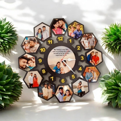 13 Pics Hexa Design With Clock - MDF Wall Collage Frame